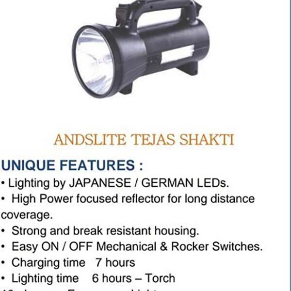 ANDSLITE TEJAS SHAKTHI MINI,6000mAh,LiFe PO4 battery, Light weight and high backup Torch (Multicolor)