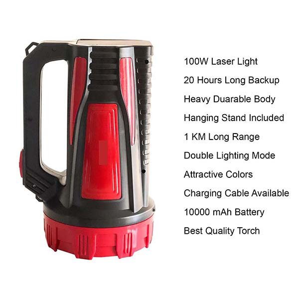 Smuf High Brightness 1000 Meter Long Range, 10000 mAh 12 Hours Battery Back Up 100W Torch (Red, Black)(Rechargeable)