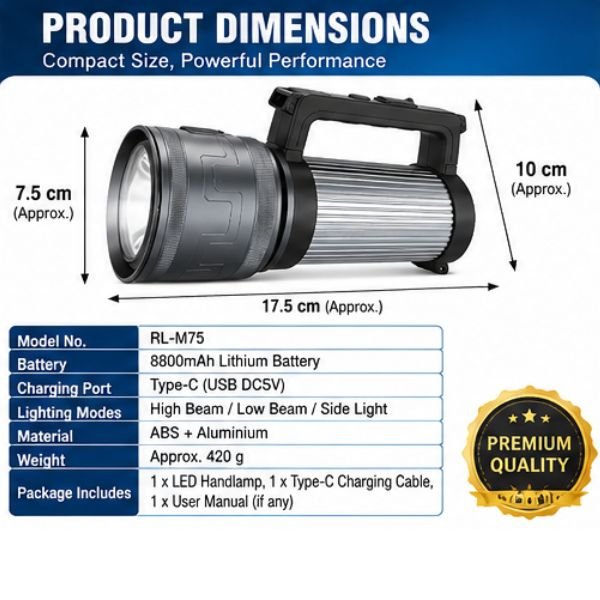 Rock Light RL-M75 3 KM Range Zooming Metal Torch Light Sizes