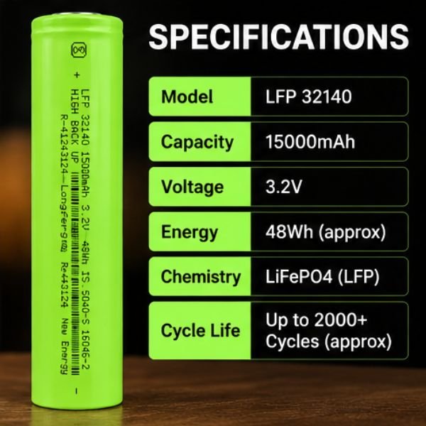 LFP 15000 mAh 3.2V 48Wh 15Ah 32140 Lithium Battery Spec