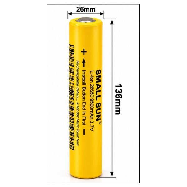 Small Sun 26650 9500 mAh 3.7V Lithium Battery Size